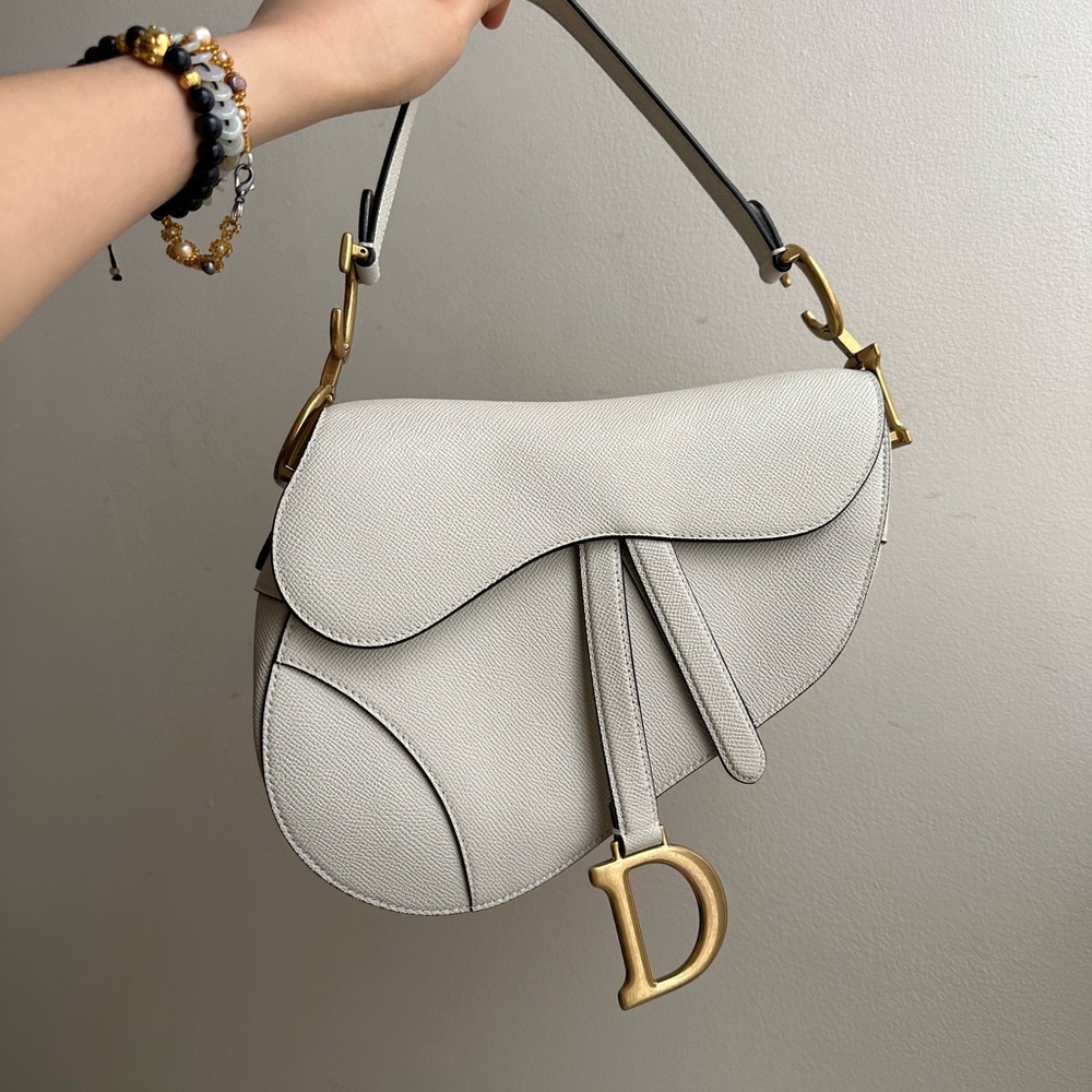 authentic dior saddle bag, white calfskin leather in latte, regular size